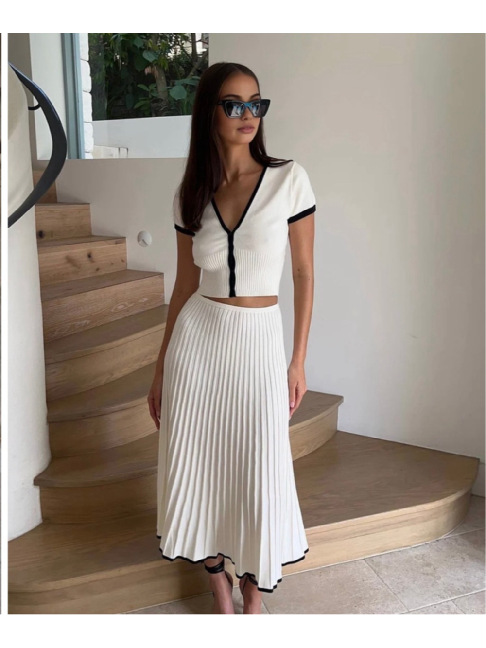 Commense Ribbed Knit Pleated Midi Skirt Set Size XS Preppy Old Money Minimalist